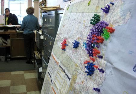 Massachusetts insurance agent Linda Webster tracks all the neighborhoods in the state where people have received non-renewal notices on their auto insurance. (Meghna Chakrabarti/WBUR)