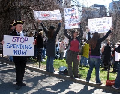 Hundreds of people gathered on the Boston Common for an anti-tax "tea party" on tax deadline day. (Martha Bebinger/WBUR)