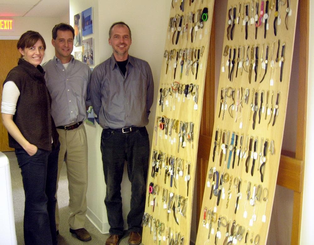 Thousand Watch Project curators Sarah West, Keith Moscow and Robert Linn at their Brookline architecture firm. (Andrea Shea/WBUR)