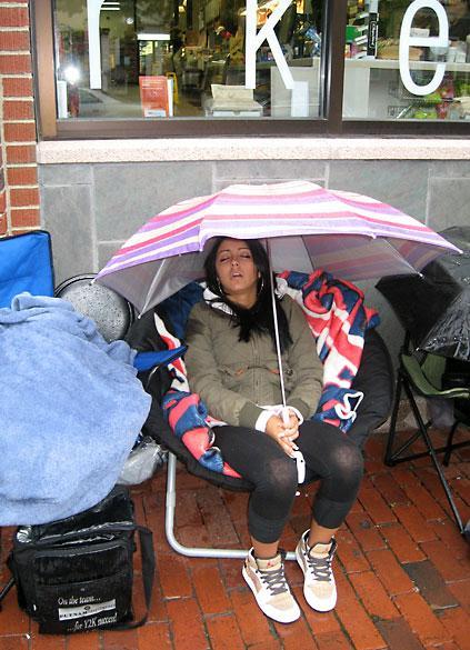 "Sneakerheads" have been in line outside a Cambridge shoe store for days, hoping to get one of the 300 pairs of "Blue Lobster" sneakers going on sale Saturday. (Curt Nickisch/WBUR)