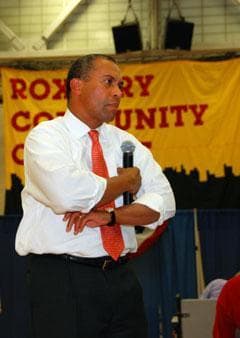 Gov. Deval Patrick has weighed in on Gates' arrest, saying, "In some ways, this is every black man's nightmare." But at a community forum Thursday at Roxbury Community College, African-American community members had more practical topics to discuss with the governor &mdash; like job losses and state budget cuts. (Meghna Chakrabarti/WBUR) 