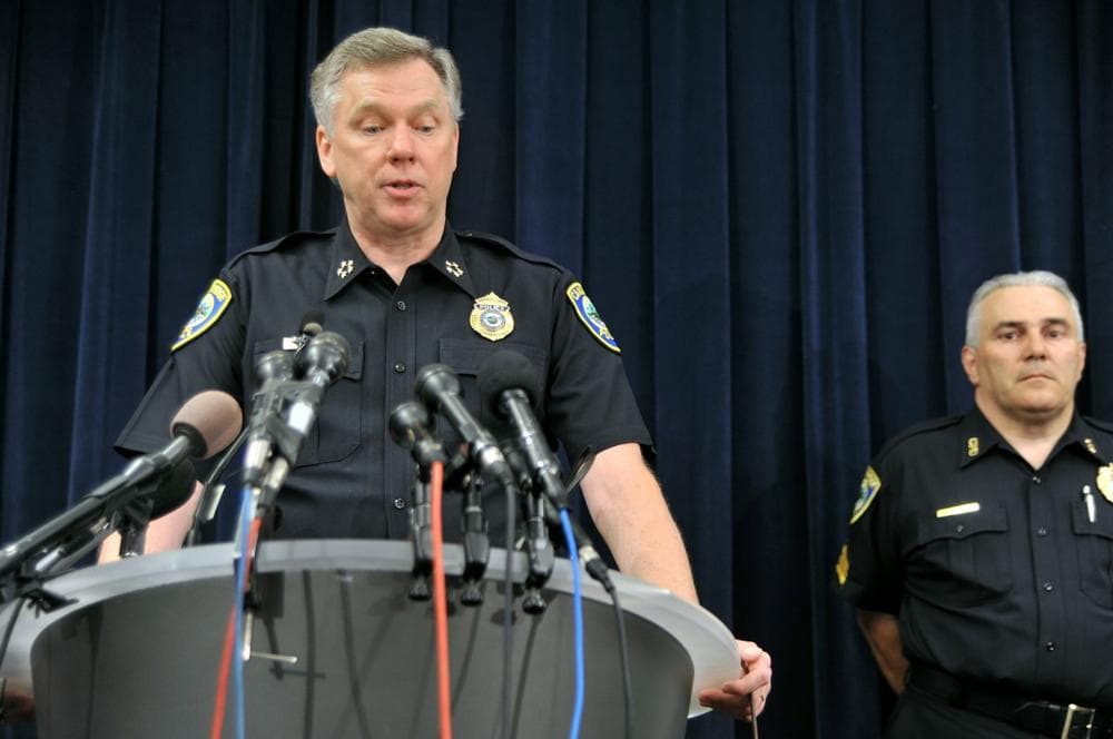 Police Commissioner Robert Haas speaks to reporters at Cambridge Police headquarters Thursday about the actions of Cambridge Sgt. James Crowley, who was criticized by President Barack Obama after arresting black scholar Henry Louis Gates Jr. in his Massachusetts home. Also pictured is Cambridge Sgt. James DeFrancesco. (AP Photo)