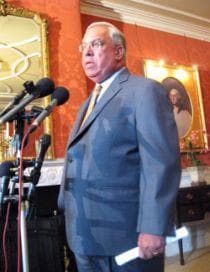 Mayor Thomas Menino defends his plan to raise the city meals tax in Boston on Wednesday. (Curt Nickisch/WBUR)