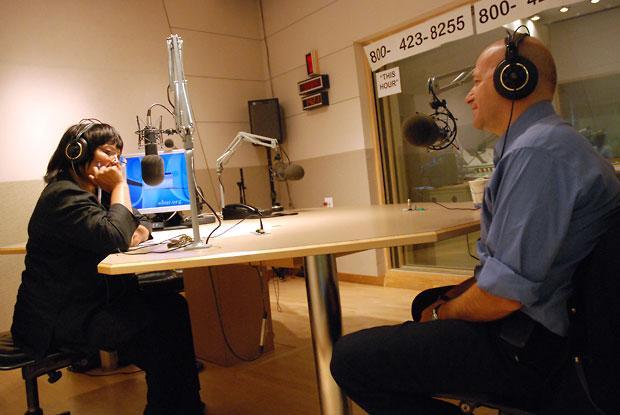 Israeli Consul General Nadav Tamir with WBUR's Delores Handy in Studio 3. (Emma MacDonald/WBUR Intern)