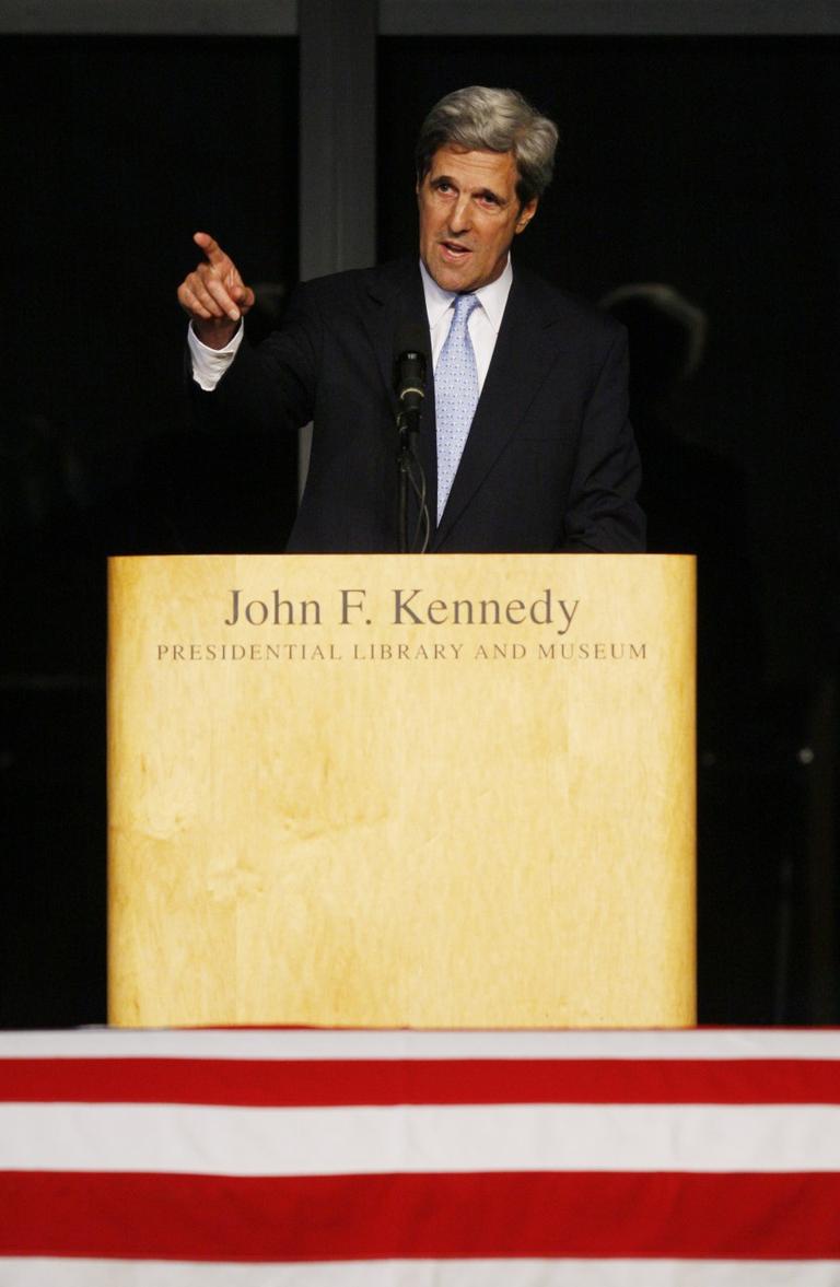 Sen. John Kerry pays tribute to Sen. Edward M. Kennedy during the Celebration of Life Memorial Service at the John F. Kennedy Presidential Library on Friday. (AP)
