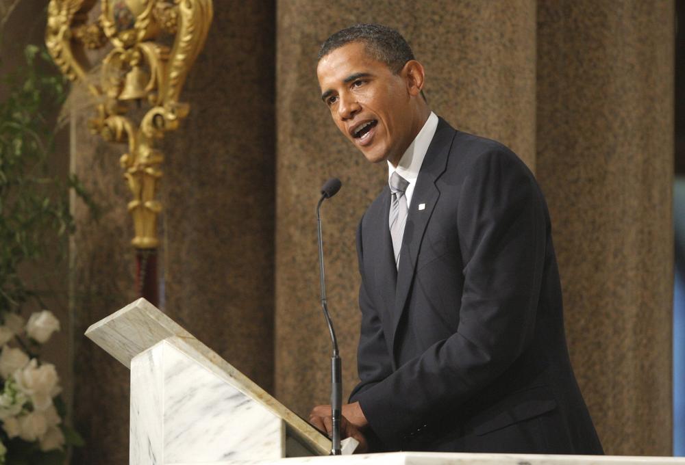  President Obama delivers the eulogy during funeral services for Sen. Edward M. Kennedy at the Basilica of Our Lady of  Perpetual Help on Saturday. (AP)