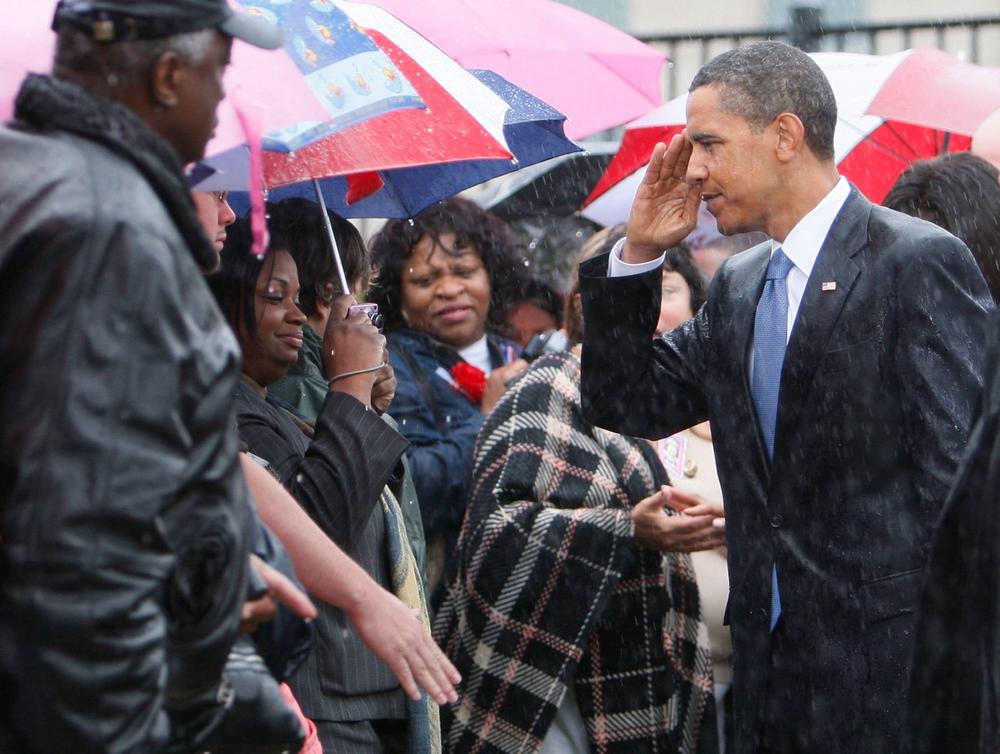 President Obama returns a salute as he greets family members of victims of the Sept. 11 attacks after speaking at the Pentagon Memorial, marking the eighth anniversary of the attacks, Friday, Sept. 11, 2009, at the Pentagon. (Charles Dharapak/AP)
