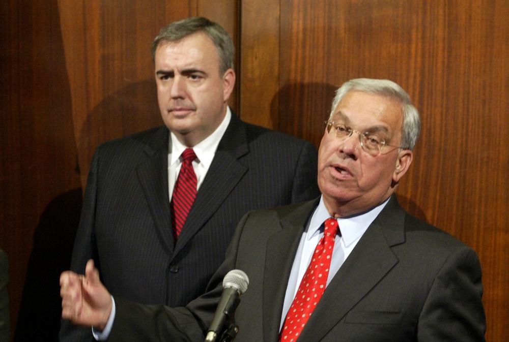 Boston Mayor Thomas Menino announces in Oct. 2006 that Edward Davis, left, will be the new commissioner of the Boston Police Department. Menino says crime has decreased in the city during the last two years. (AP)