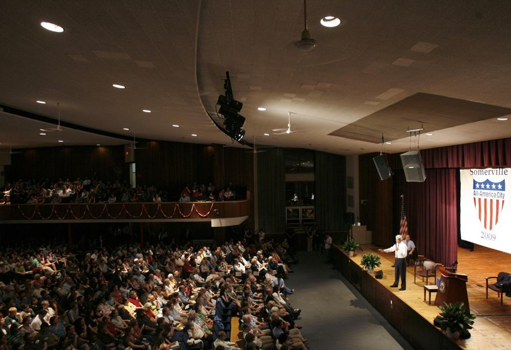 Sen. John Kerry spoke to a crowded auditorium during a town hall meeting on health care at Somerville High School on Wednesday. (Mary Schwalm/AP)