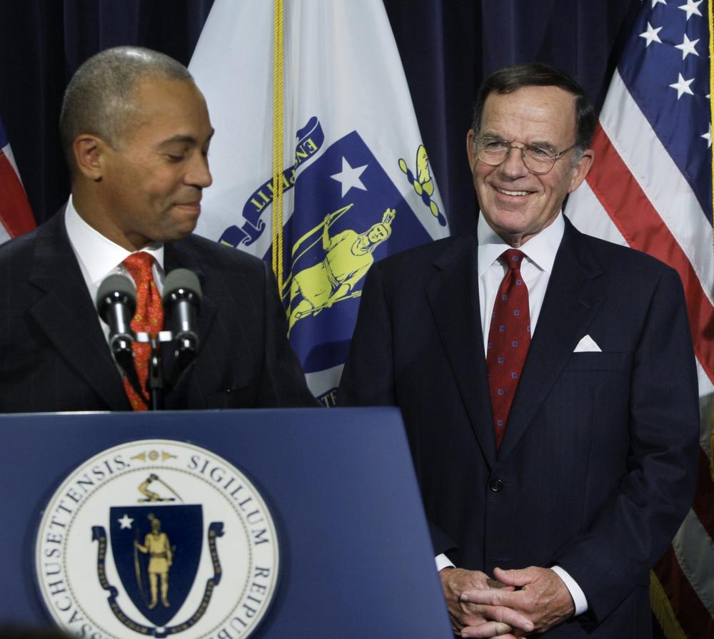 Paul Kirk Jr., right, smiles as Mass. Gov. Deval Patrick announces Thursday that Kirk will temporarily fill the late Sen. Edward Kennedy's U.S. Senate seat. (AP)