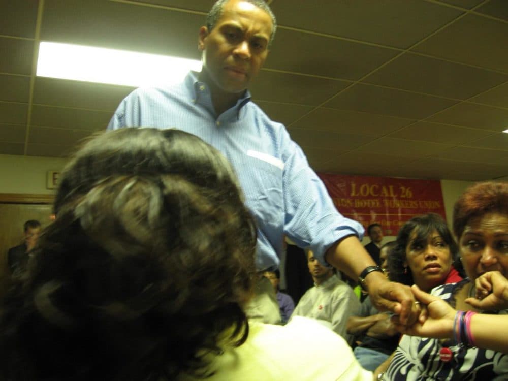 Governor Deval Patrick listens to the stories of housekeepers laid off from work at Hyatt's three Boston-area locations.  The governor is threating a state goverment boycott of Hyatt unless the housekeepers are reinstated.  (Curt Nickisch/WBUR)