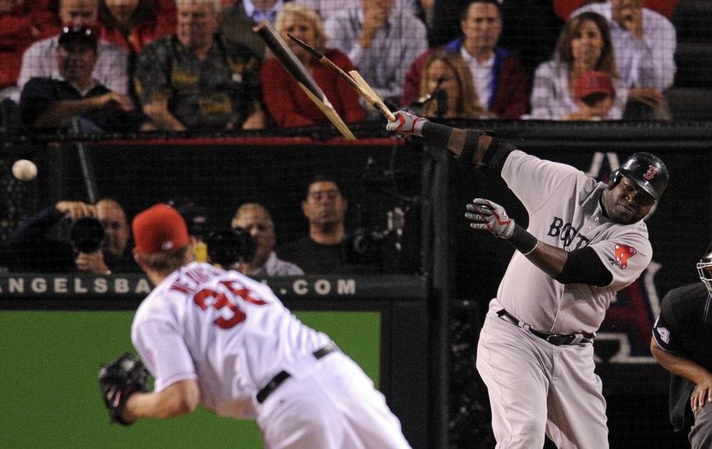 Red Sox's David Ortiz, right, breaks his bat as Angels' starting pitcher Jered Weaver pitches during the seventh inning of Game 2 of the American League division baseball series, Friday, in Anaheim, Calif.  (AP/Mark J. Terrill)
