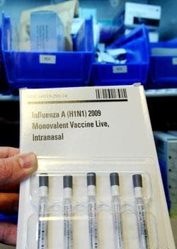 The intranasal H1N1 vaccine is displayed at the primary care clinic at Children's Hospital Boston. (Lisa Poole/AP)