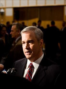 Flaherty speaks to the media after Monday night's debate. (Pool photo by Yoon Byun/The Boston Globe)