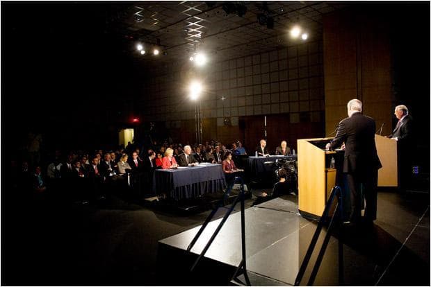 Mayor Thomas Menino and City Councilor Michael Flaherty debated at the John F. Kennedy Presidential Library in Dorchester Monday night. (Pool photo by Yoon Byun/The Boston Globe)