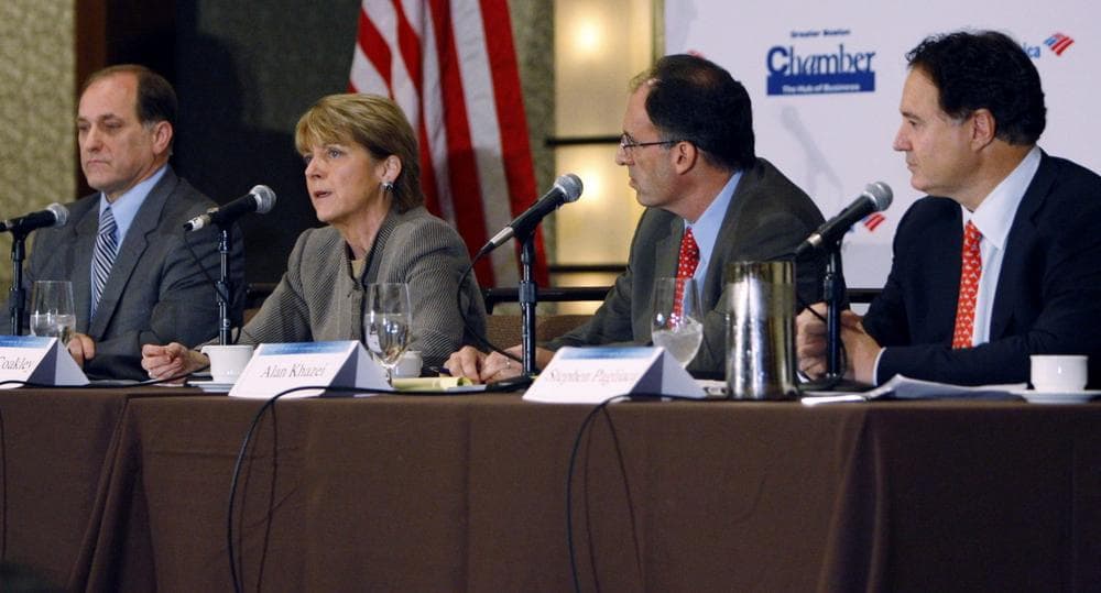 From left, the Democratic Senate candidates — Congressman Michael Capuano, Attorney General Martha Coakley, Alan Khazei and Stephen Pagliuca — participate in a Senate-candidate forum hosted by the Greater Boston Chamber of Commerce on Monday. (AP)