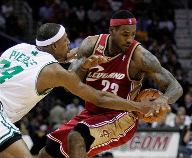 Boston Celtics' Paul Pierce fouls Cleveland Cavaliers' LeBron James in the second quarter on Tuesday. (Mark Duncan/AP)