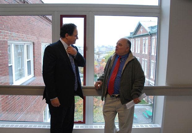 Senate candidate Stephen Pagliuca, left, with WBUR's Bob Oakes. (Jennifer Donaldson for WBUR)
