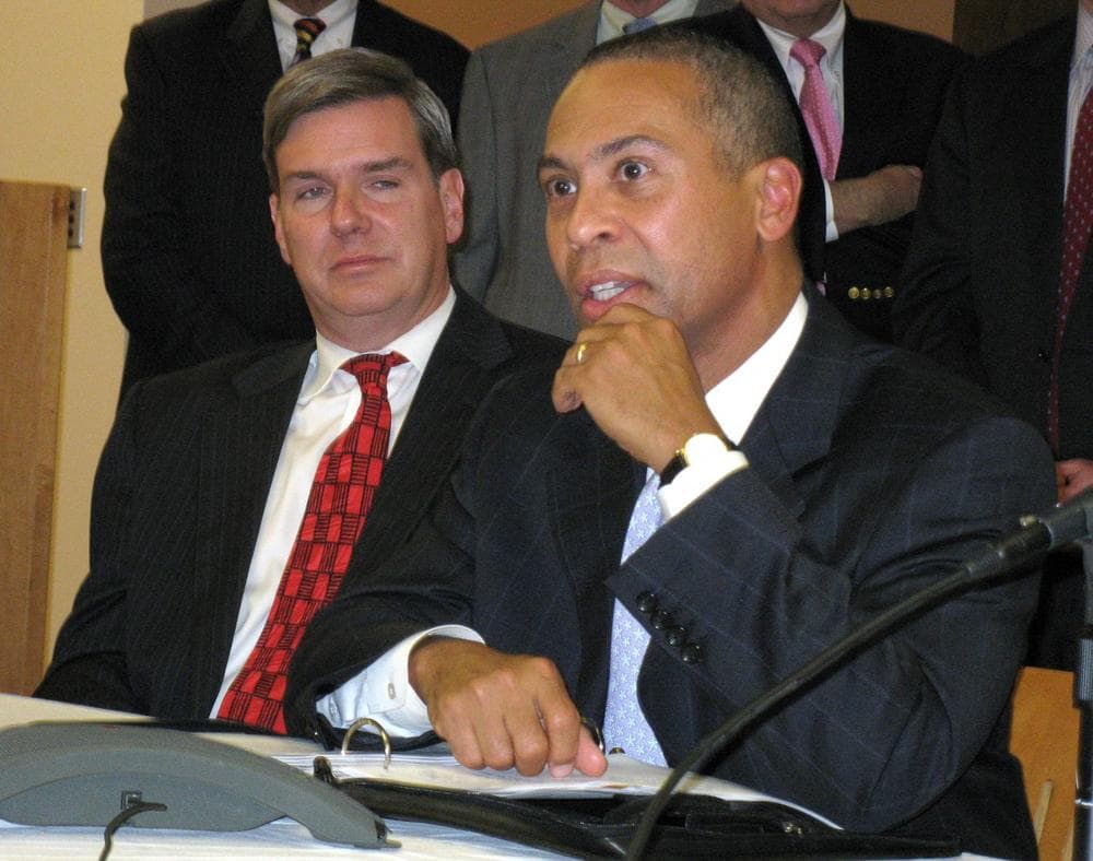 Gov. Deval Patrick, right, and Housing and Economic Secretary Gregorty Bialecki after the economic summit. (Meghna Chakrabarti/WBUR)