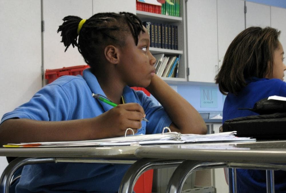 The waiting list at Dorchester's Lilla G. Frederick Pilot Middle School is long even though the school's MCAS scores lag behind state averages. (Meghna Chakrabarti/WBUR)