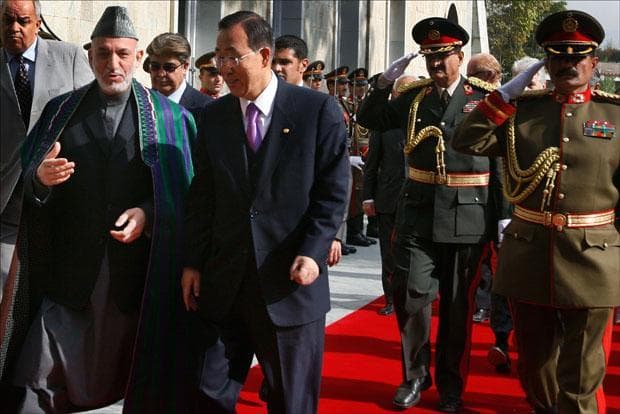 Afghan President Hamid Karzai speaks with the U.N. Secretary-General Ban Ki-moon at the presidential palace in Kabul. (Musadeq Sadeq/AP)