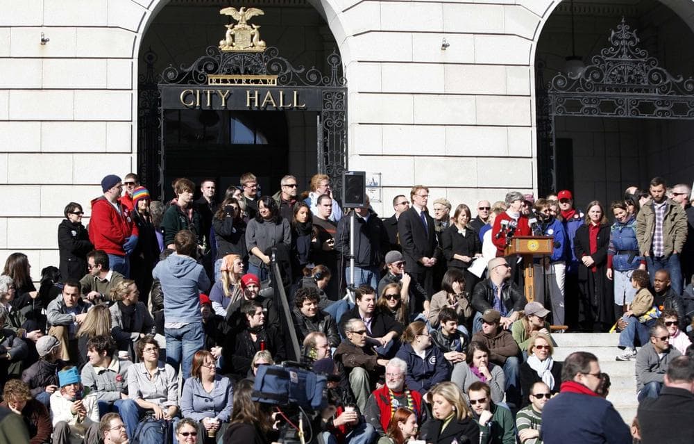 Supporters of same-sex marriage meet on the steps of City Hall, in Portland, Maine, on Wednesday, Nov. 4, 2009, a day after voters rejected the gay marriage law that was passed last May. (AP)