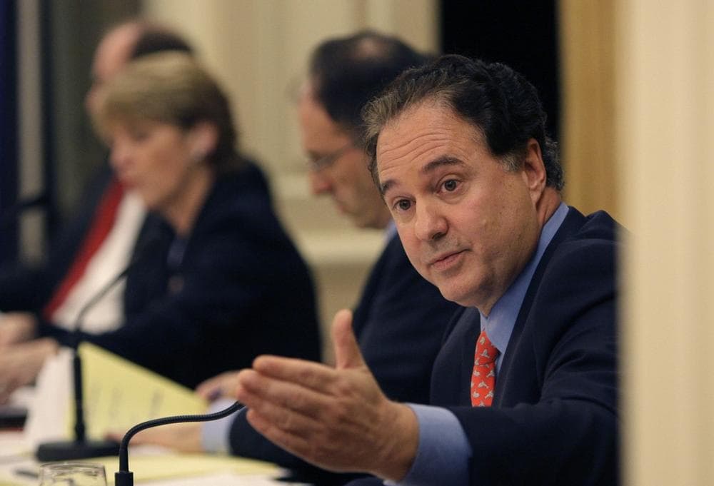 Stephen Pagliuca gestures during an environmental forum in Boston on Tuesday between the Democratic candidates for U.S. Senate. (AP)
