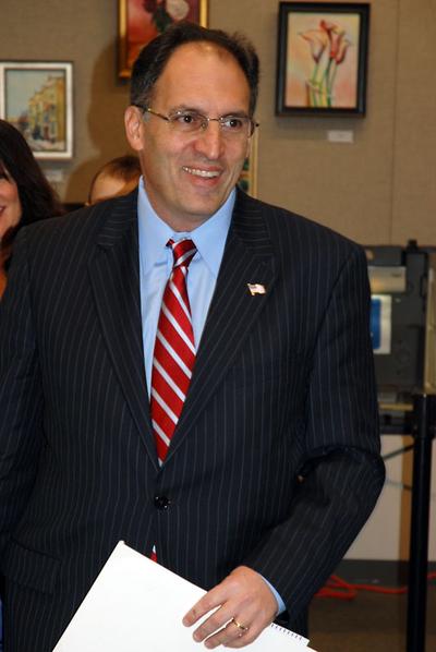 Alan Khazei cast his vote at Brookline Town Hall on Tuesday morning. (Sarah Bush/WBUR)