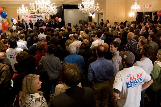 Khazei supporters listen to speeches after it was announced that Coakley had won the race. (Jess Bidgood for WBUR) 