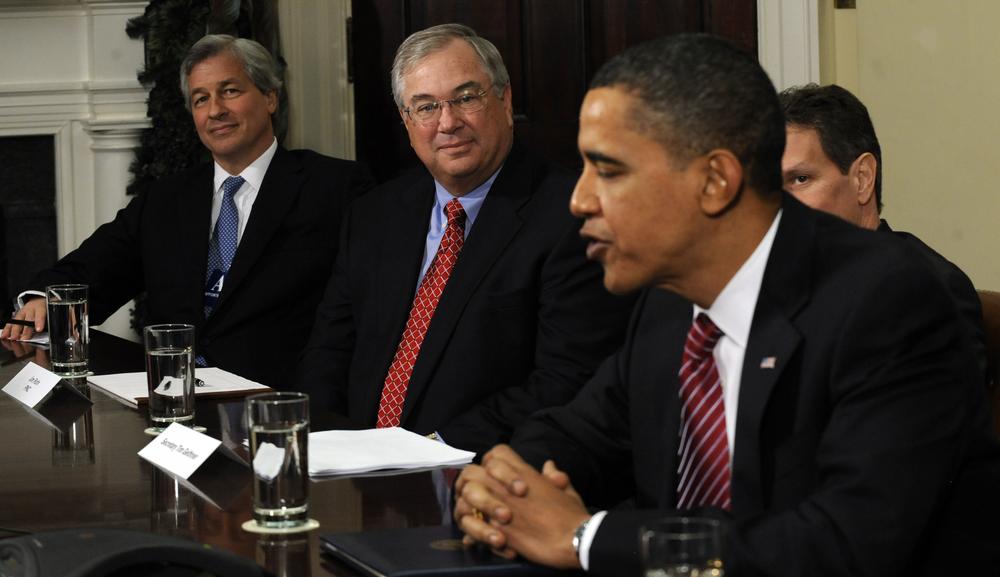 President Barack Obama meets with members of the financial industry in the Roosevelt Room of the White House in Washington, Tuesday, Dec. 15, 2009, to discuss the economic recovery. From left are, JPMorgan Chase Chairman and Chief Executive Officer Jamie Dimon; PNC Chairman and Chief Executive Officer Jim Rohr; Treasury Secretary Timothy Geithner, and the president. (AP)