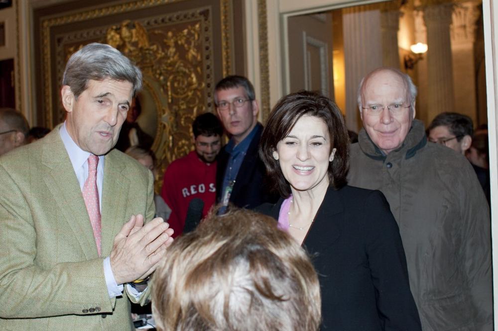 Victoria Reggie Kennedy, center, widow of the late Sen. Ted Kennedy is with Sen. John Kerry, D-Mass., left, and Patrick Leahy, D-Vt., following a 60-40 cloture vote in Washington, Monday, Dec. 21, which was the first step in passing Thursday's health care bill. (AP)