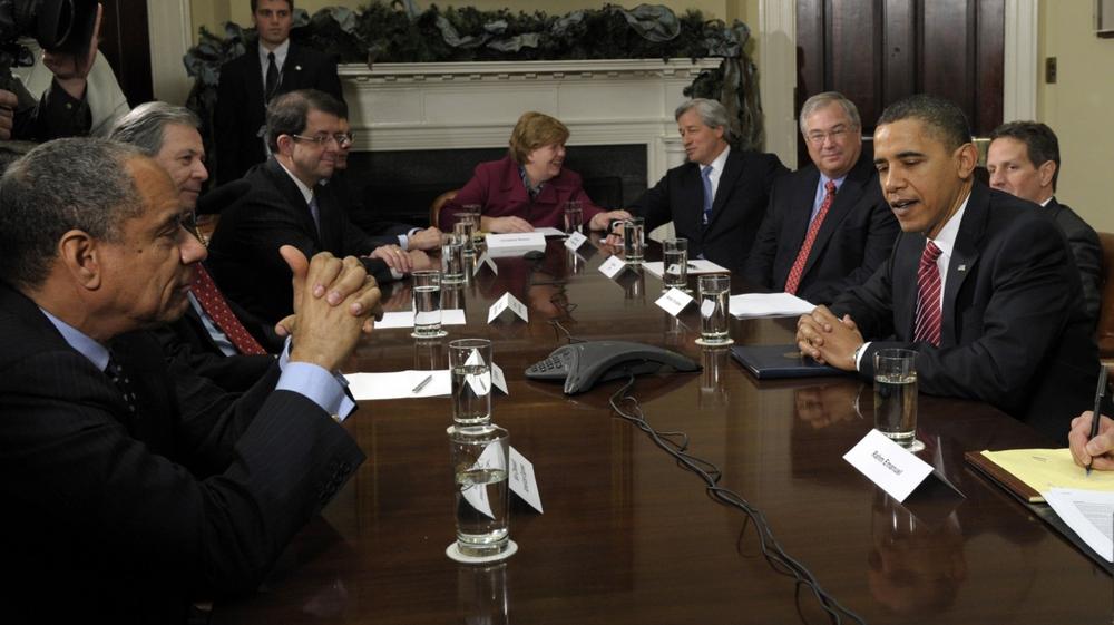 President Obama meets with members of the financial industry in the Roosevelt Room of the White House in Washington on Monday to discuss the economic recovery. (AP) 