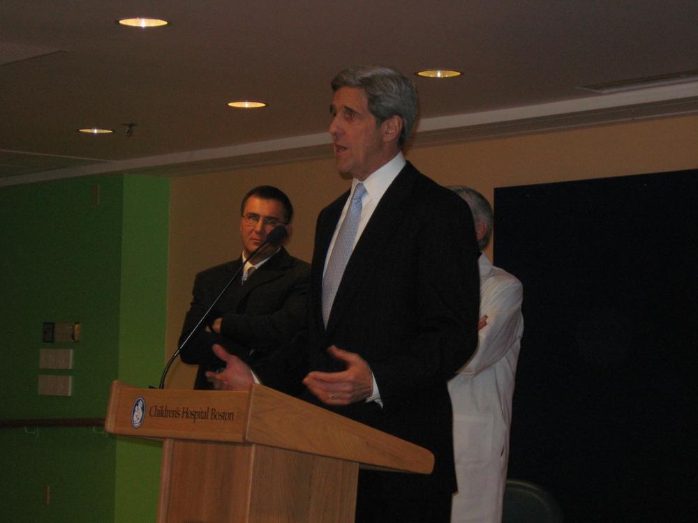 Speaking at Children's Hospital in Boston, Senator John Kerry discusses the health care reform bill being debated in the U.S. Senate. (Sacha Pfeiffer/WBUR)