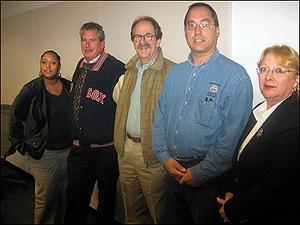From left: Economic roundtable members Schlander Campbell, Jerome Rappaport, Dave Ratner, Bob Sicotte and Helen Ramirez. (Sarah Bush/WBUR)