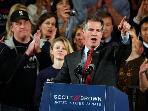 State Sen. Scott Brown, R-Wrentham, campaigned in Worcester on Sunday. Pictured at left is Former Boston Red Sox pitcher Curt Schilling. (Robert F. Bukaty/AP)