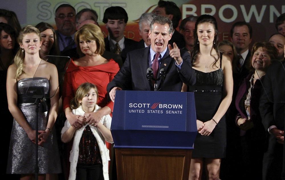 Scott Brown, flanked by his family, speaks in Boston after winning the special election to fill the U.S. Senate seat left vacant by the death of Sen. Edward M. Kennedy. (AP)  