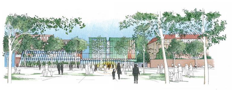 Rendering of Evans Way Park, from the site plan of the Isabella Stewart Gardner Museum. Visitors will enter into a fully transparent first floor of glass, at center. (All images courtesy Isabella Stewart Gardner Museum)