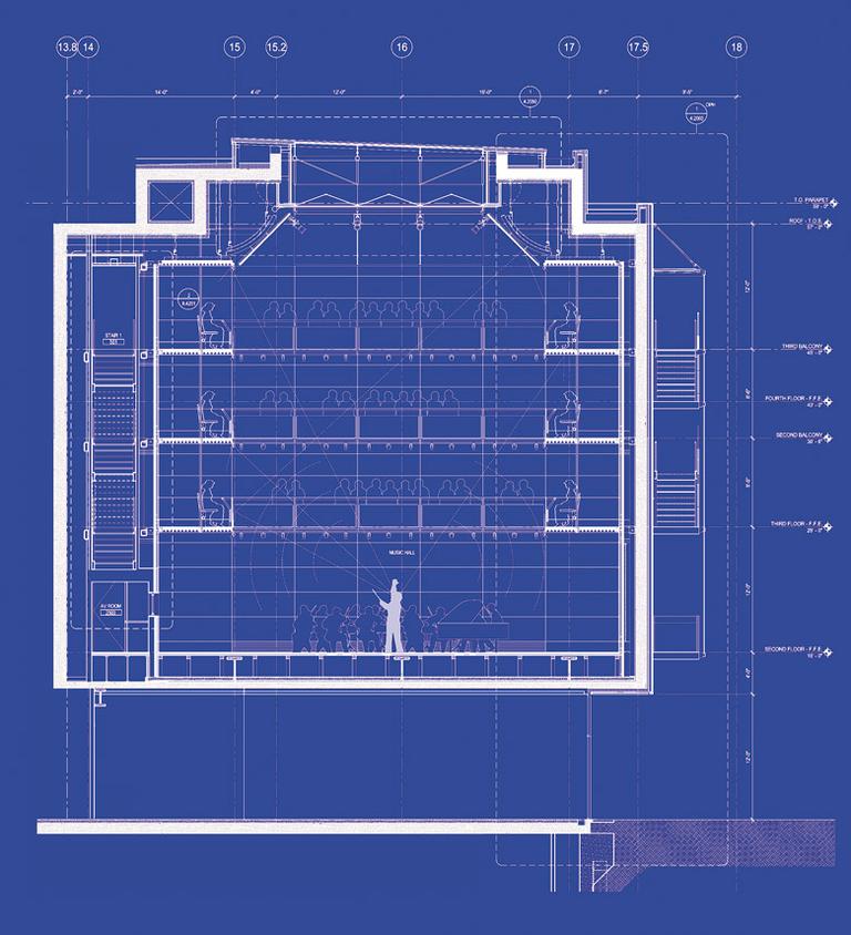 Blueprint view through the performance hall. 