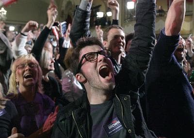 Jacob Porter, front, of Bucks County, Penn., and other supporters of Scott Brown, react to Brown's U.S. Senate special general election victory in Boston on Jan. 19. (AP)