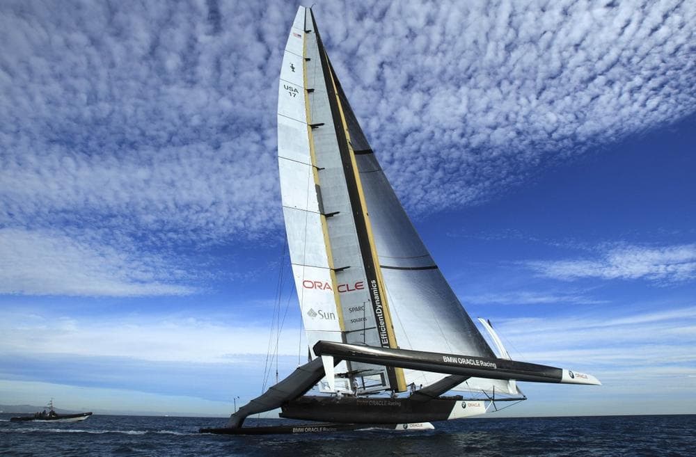 BMW Oracle's BOR 90 boat sails in Valencia, Feb. 7. (AP)