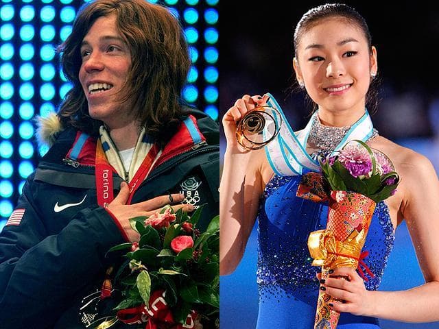 At left, U.S. snowboarder Shaun White celebrates his gold medal for the men's half-pipe event at the 2006 Winter Olympics in Turin, Italy on Feb. 12, 2006. At right, South Korea's Kim Yu-Na poses with the gold medal she won in the ladie's free skating event at the ISU Grand Prix in Tokyo, Japan on Dec. 5, 2009. (AP)