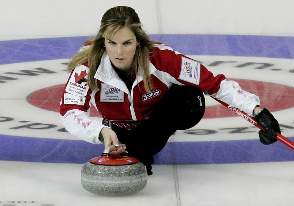 Canada's skip, Jennifer Jones, prepares to release a stone during the World Women's Curling Championships in South Korea on March 24, 2009. (AP)