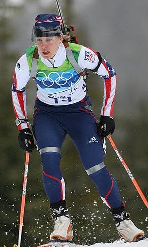 U.S. biathlete Haley Johnson competes in the women's 7.5-kilometer sprint at the Vancouver Olympics.  (Courtesy Jerry Kokesh, USA Biathlon)