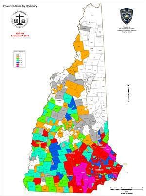 An updated map of power outages in New Hampshire as of 11 a.m. Saturday