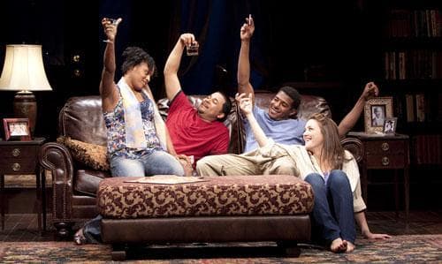 Nikkole Salter as Taylor, Jason Dirden as Kent, Billy Eugene Jones as Flip, and Rosie Benton as Kimber in the Huntington Theater Company's production of Lydia Diamond's "Stick Fly," playing through March 21 at the Calderwood Pavilion in Boston.