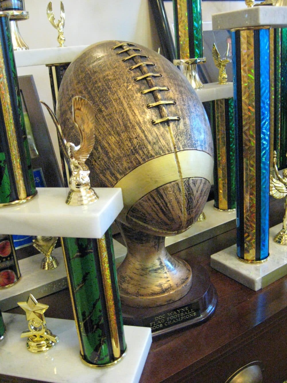 Trophies from the Doc Wayne Athletic League are proudly displayed at the Walden Street School in Concord, MA.