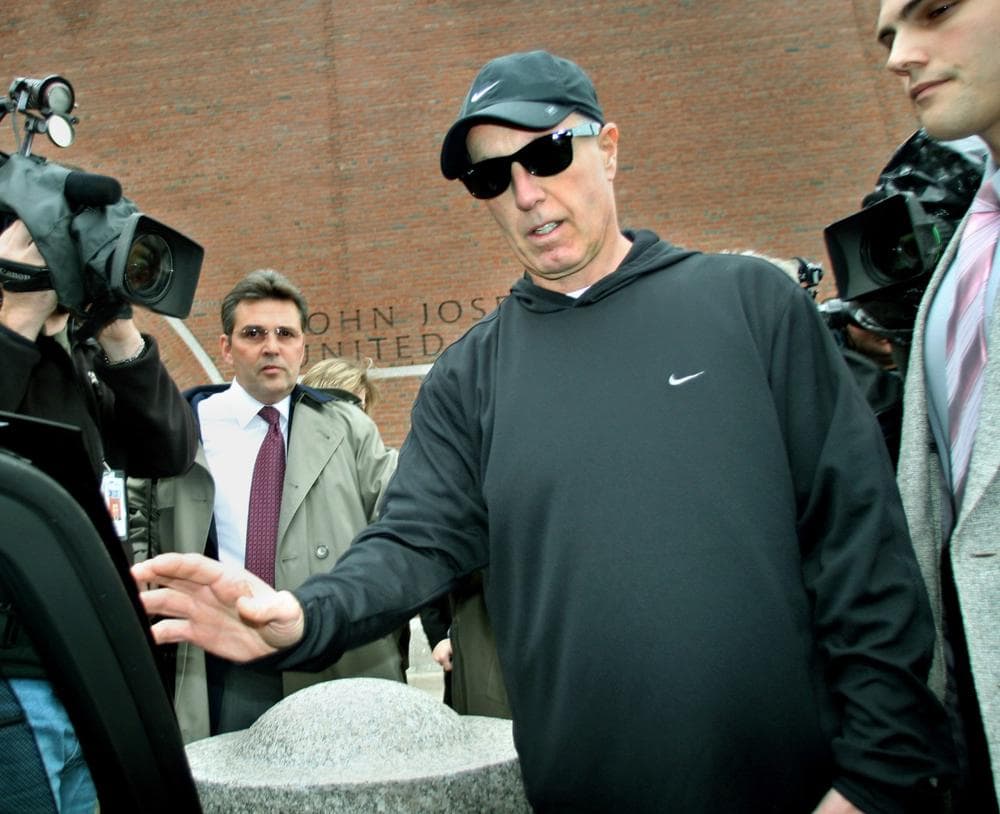 Vincent Ferrara leaves the federal courthouse in Boston in 2005. Wolf cut his sentence after finding that Auerhahn had withheld evidence. (Mark Garfinkel/Boston Herald)