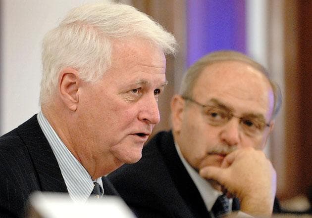 U.S. Rep. William Delahunt, left, with then-House Speaker Salvatore DiMasi in October 2008. (Josh Reynolds/AP)