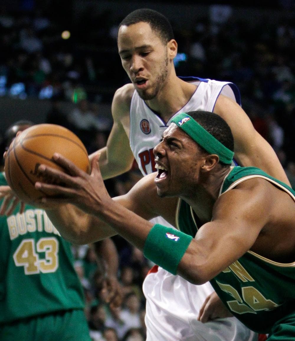 Boston Celtics forward Paul Pierce (34) drives past Detroit Pistons forward Tayshaun Prince during the first quarter of an NBA basketball game in Boston on Monday. (AP)