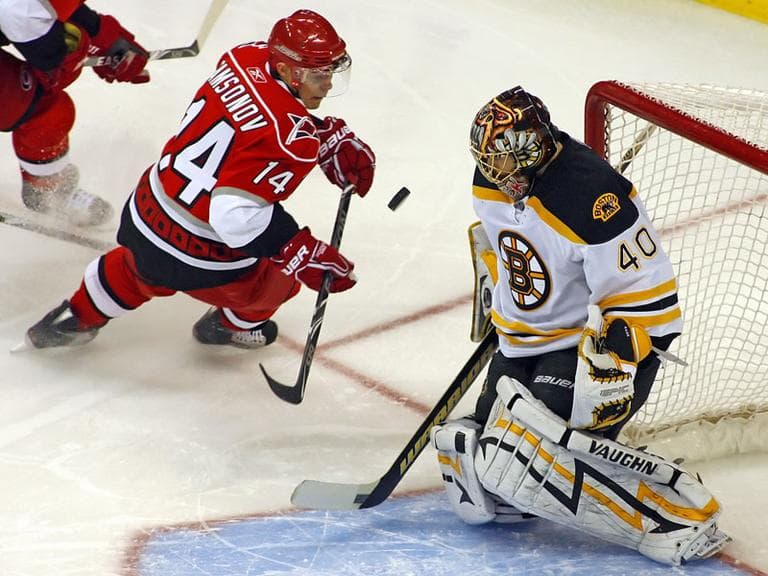 Carolina Hurricanes' Sergei Samsonov (14) has his shot blocked by Boston Bruins goalie Tuukka Rask (40) during the first period of an NHL hockey game in Raleigh, N.C., Tuesday, March 16, 2010. (AP Photo/Karl B DeBlaker)